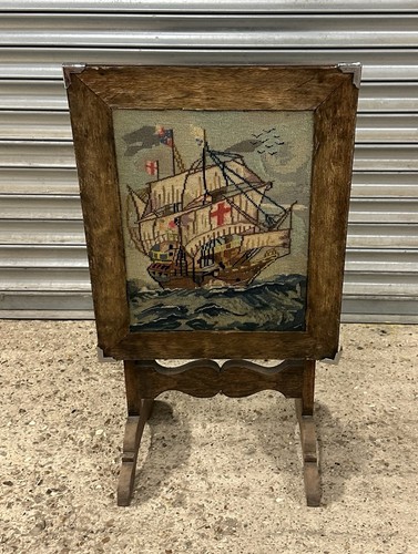 Antique oak folding firescreen - antique,